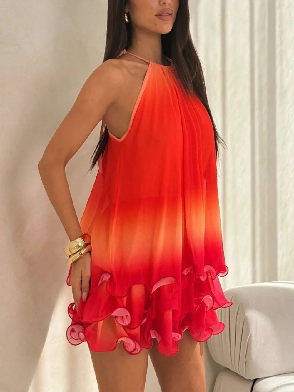 Multicolor Boho Beach Women's Knotted Halter Loose Mini Dress - Picture 5 of 6